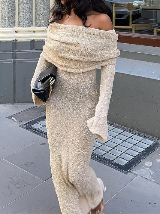 Wheat Knit Off Shoulder Maxi Dress