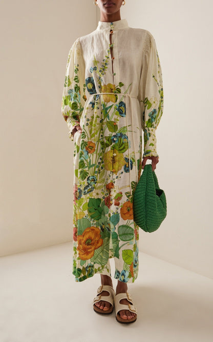 Button-Detailed Green Print Maxi Dress