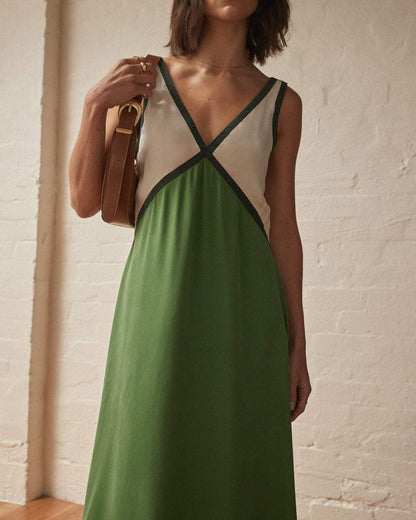 Patchwork V-Neck Strapless Maxi Dress