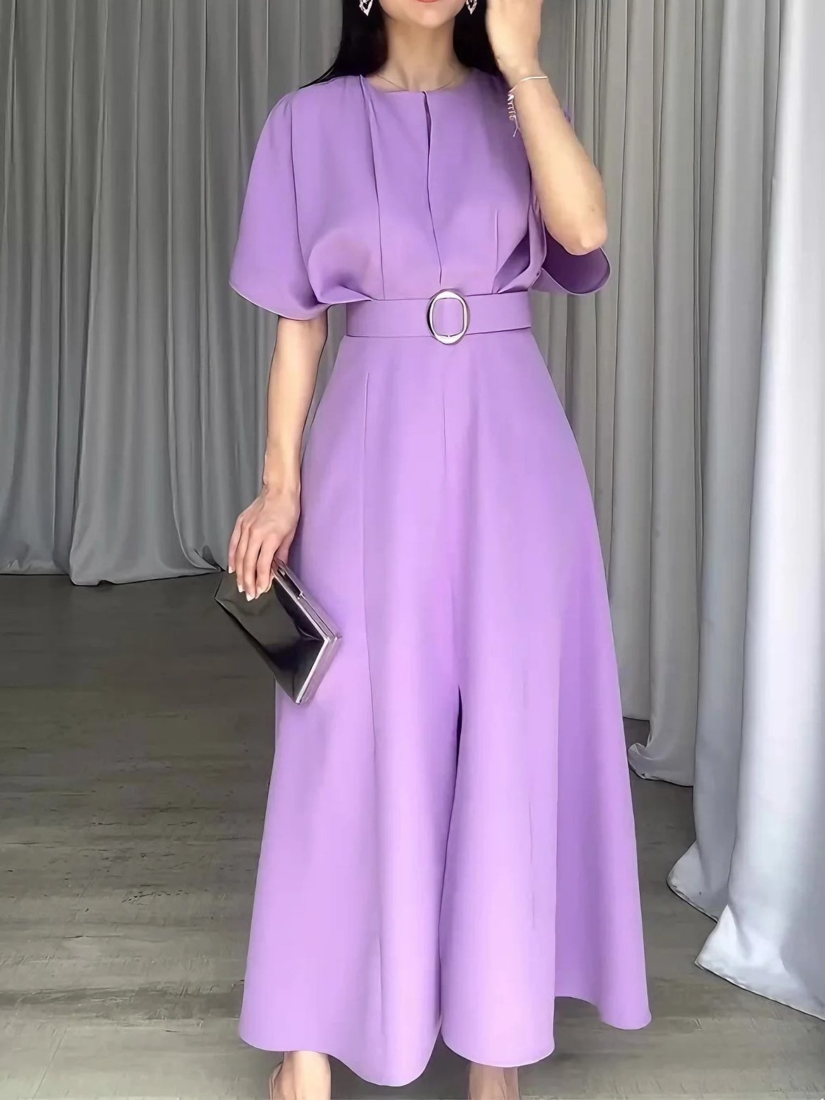 Round Neck Short Sleeve Belt Slim Long Skirt