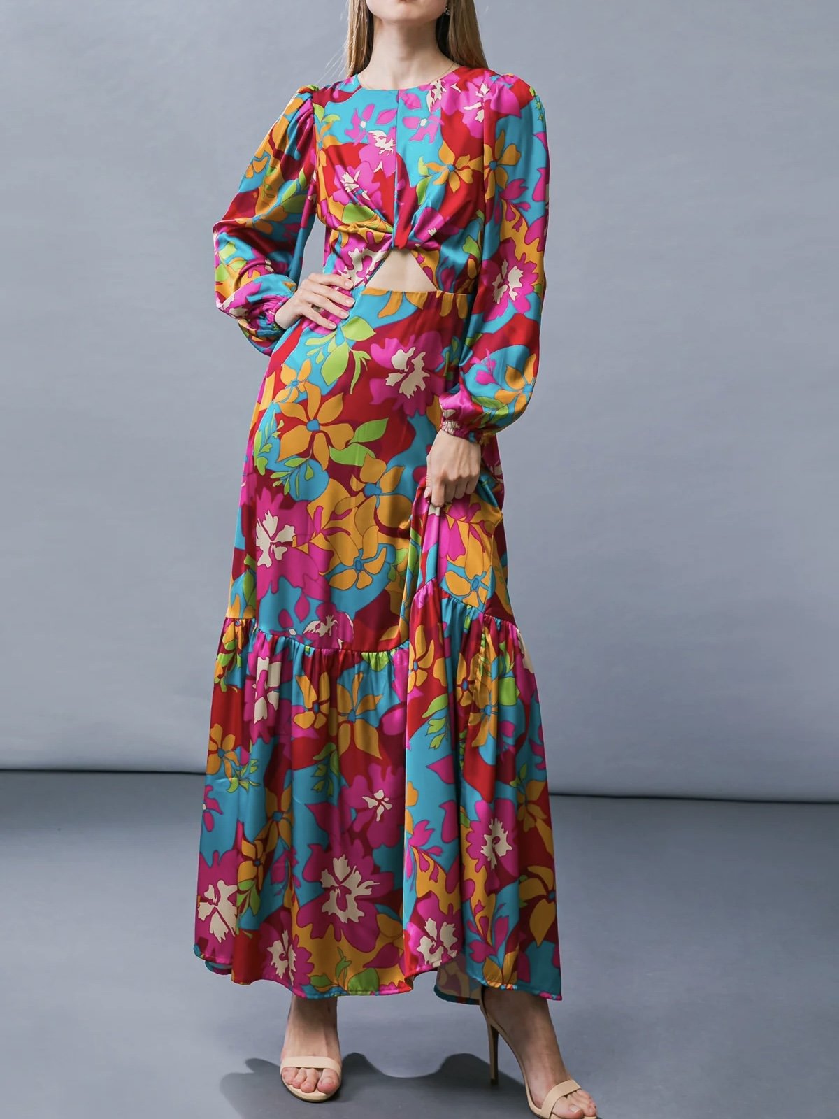 Floral Print Long Sleeve Cut Out Maxi Dress