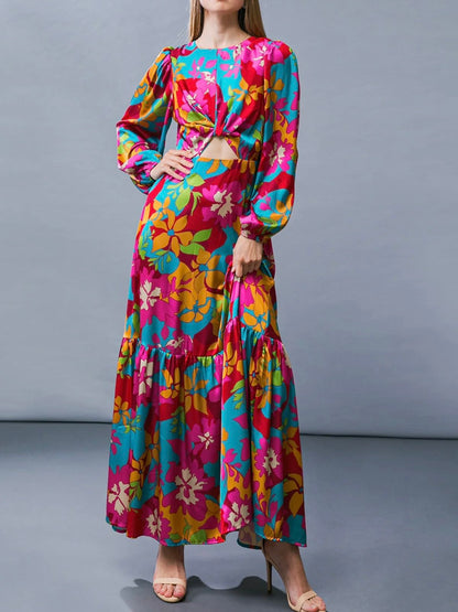 Floral Print Long Sleeve Cut Out Maxi Dress