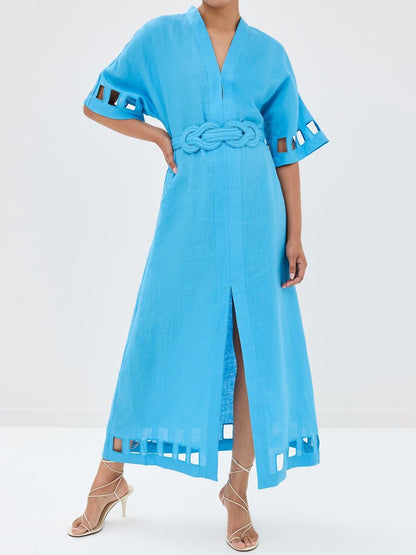 Hollowed Out V Neck Belted Slit Hem Dress