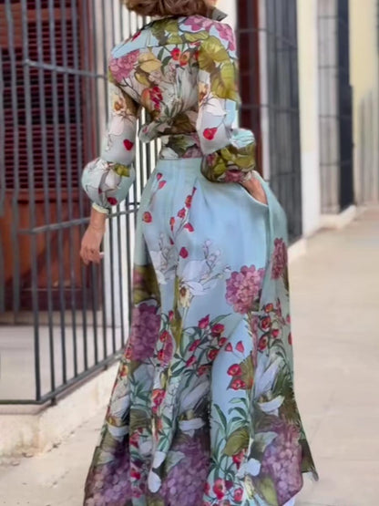 Floral Ptint Long Sleeve Lace Up Maxi Dress