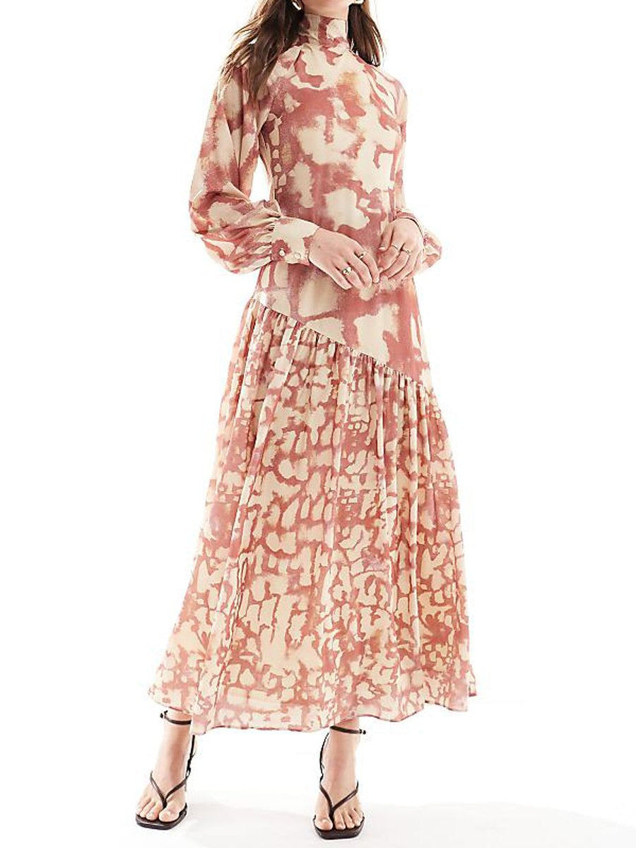 High Neck Dropped Asymmetric Seam Printed Maxi Dress