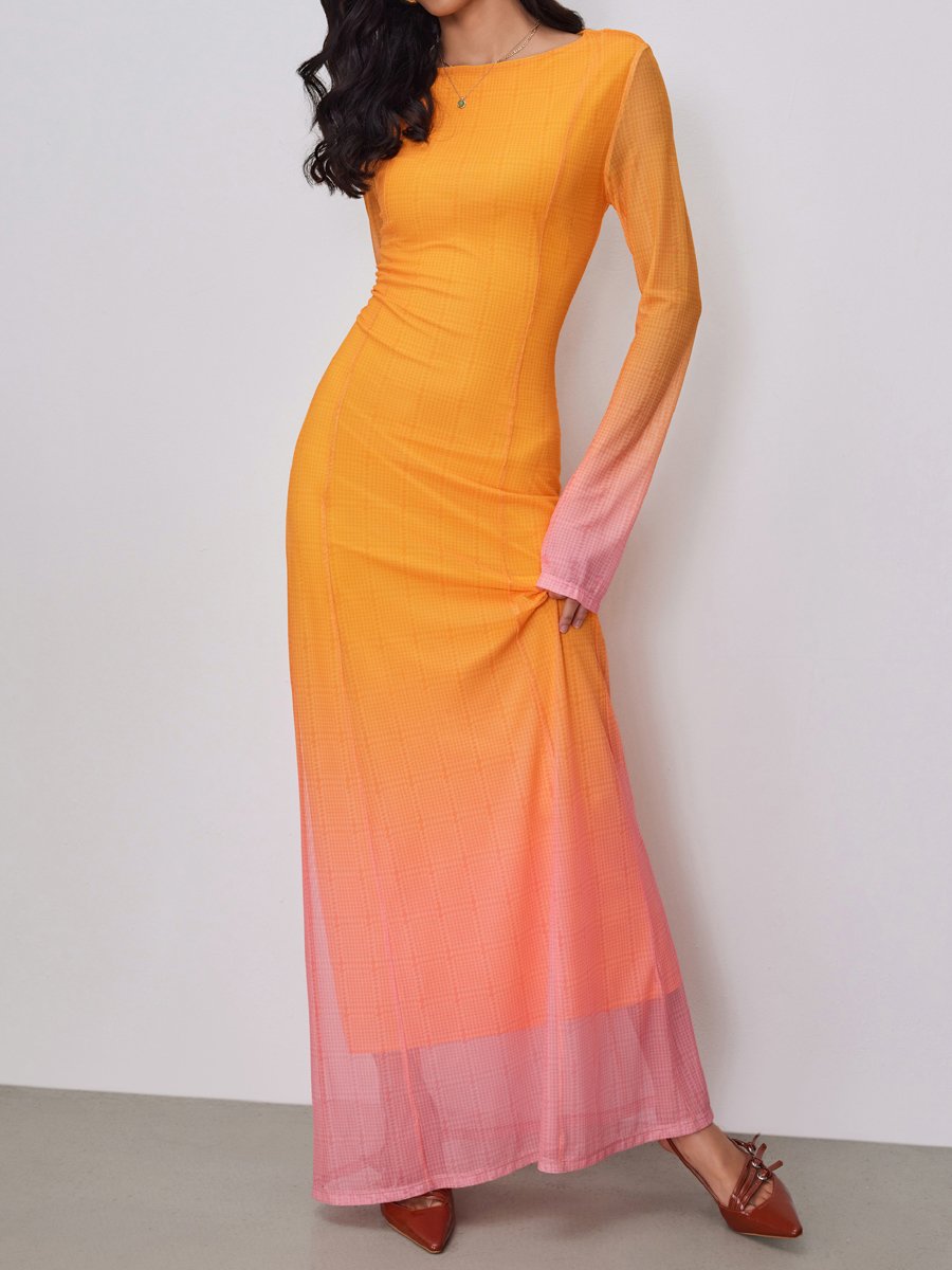 Mesh Round Neck Gradient Maxi Dress