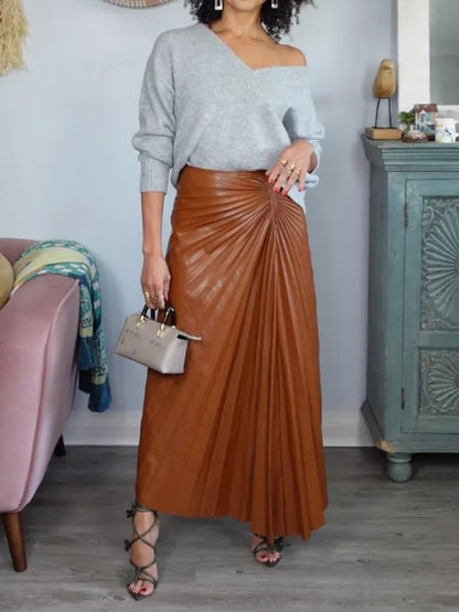 PU Asymmetric Hem Pleated Skirt