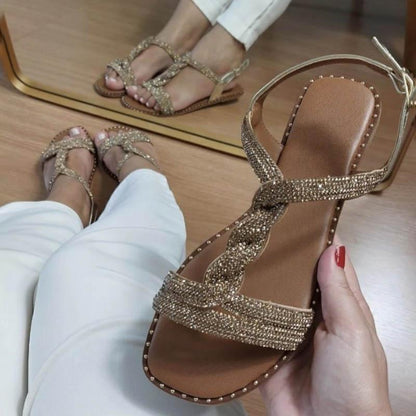 Gold Rhinestone Sparkle Flat Sandals