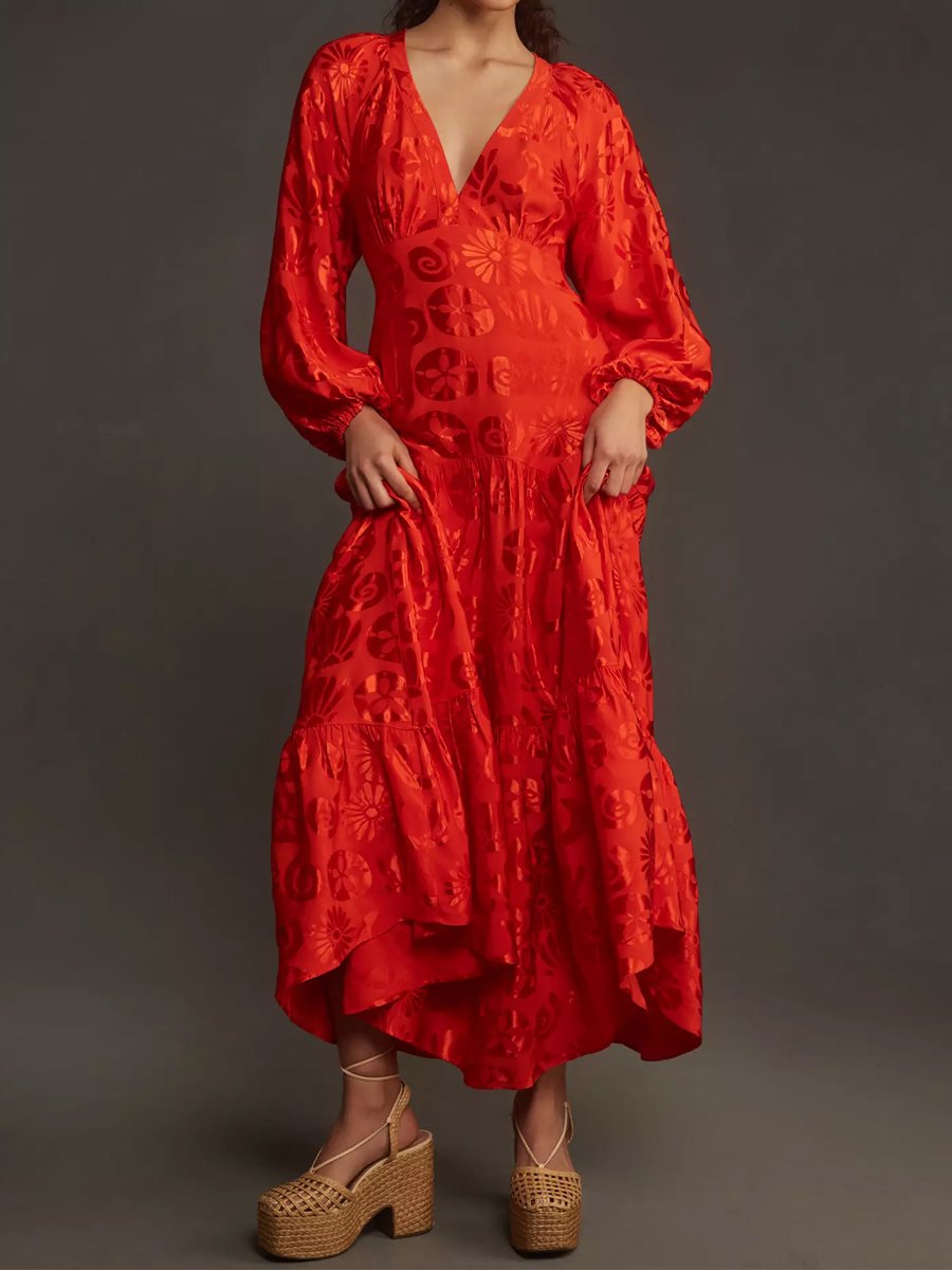 Long Sleeve V Neck Jacquard Maxi Dress