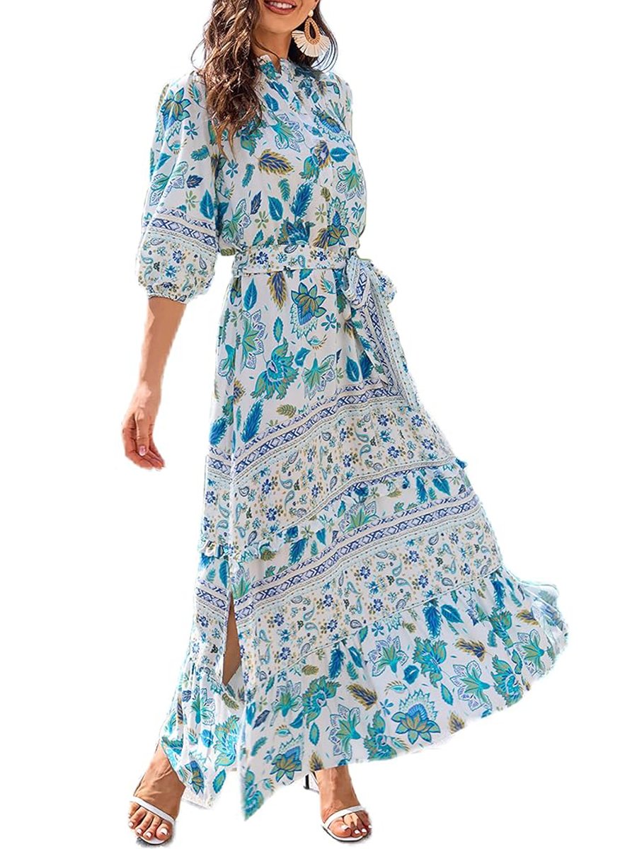 Floral Print Casual Slit Hem Bohemian Dress