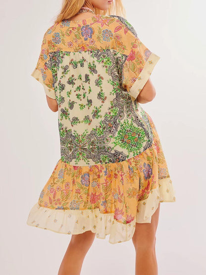 Bohemian Printed Short Sleeve Pocket V Neck Dress