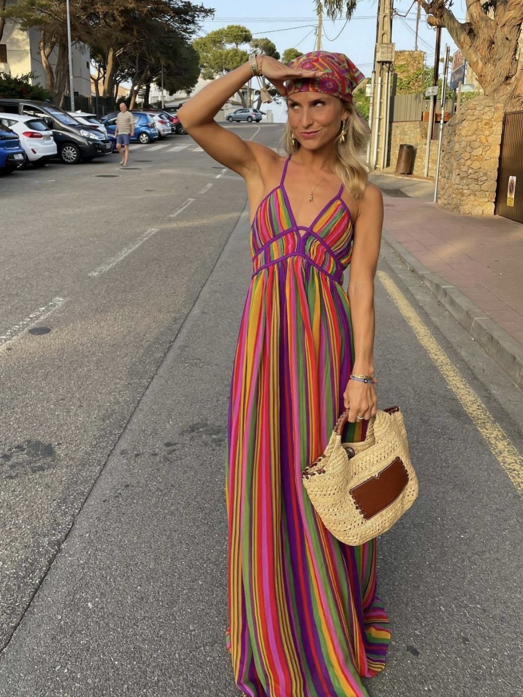 Beach Dress Rainbow Stripe V-Neck Sleeveless Dress