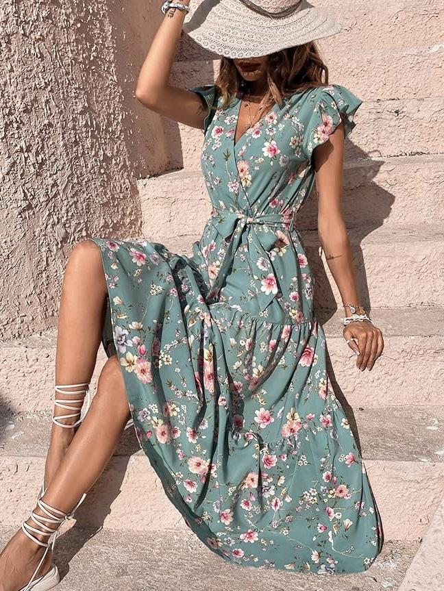 Floral Print Butterfly Sleeve Ruffled Hem Belted Dress