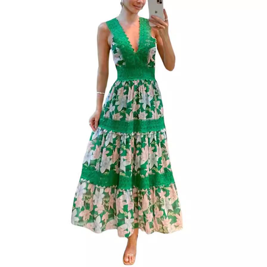 Sunny Garden Lace Trim Floral Midi Dres