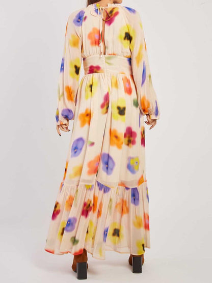 Printed Ruffled V Neck Maxi Dress