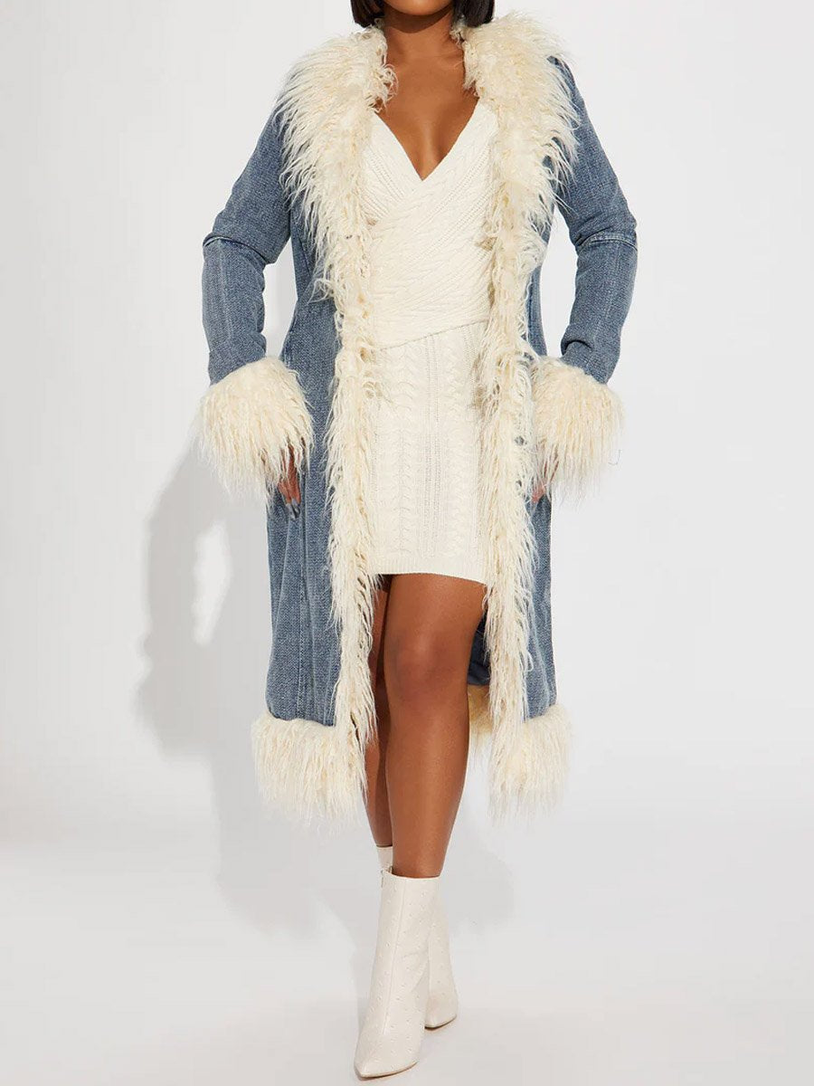 Faux Fur Trim Long Sleeve Denim Coat