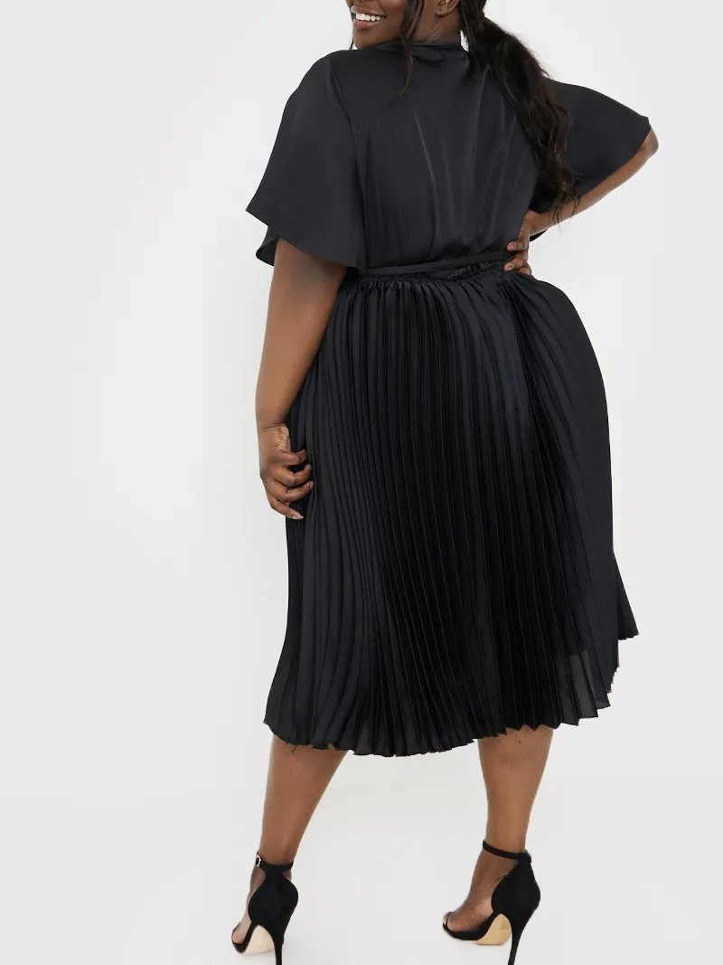 Black Pleated Wrap Midi Dress