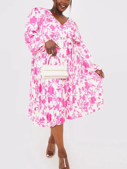 Floral Print Long Sleeve Pleated Midi Dress