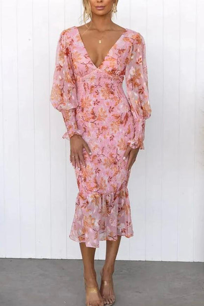 GARDEN GATHERING FLORAL SMOCKED WAIST MIDI DRESS