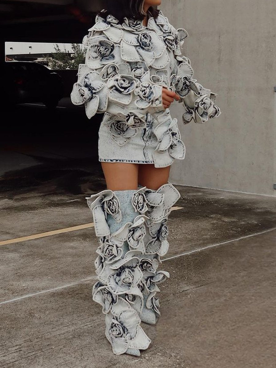 3D Denim Flower Two Pieces Dress