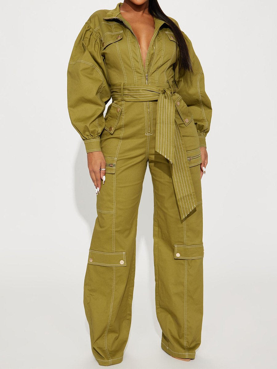 Fashion Zip Up Pockets Belted Jumpsuit