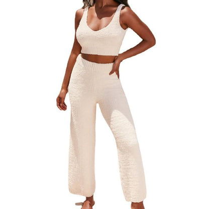 Women Solid Color V-neck Plush Short Vest Pants Two-piece