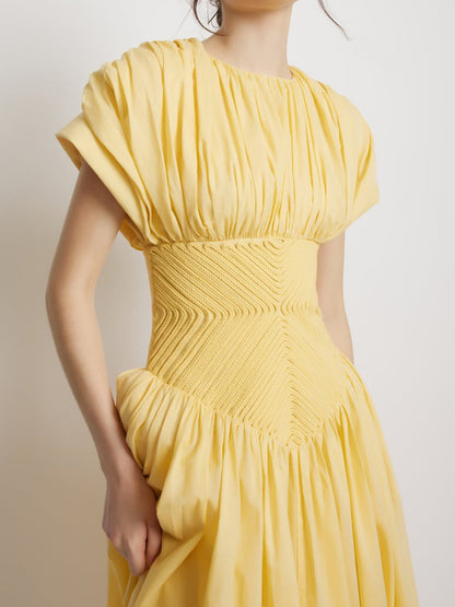 Round Neck Solid Pleated Dress