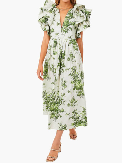 V Neck Ruffle Sleeve Printed Dress