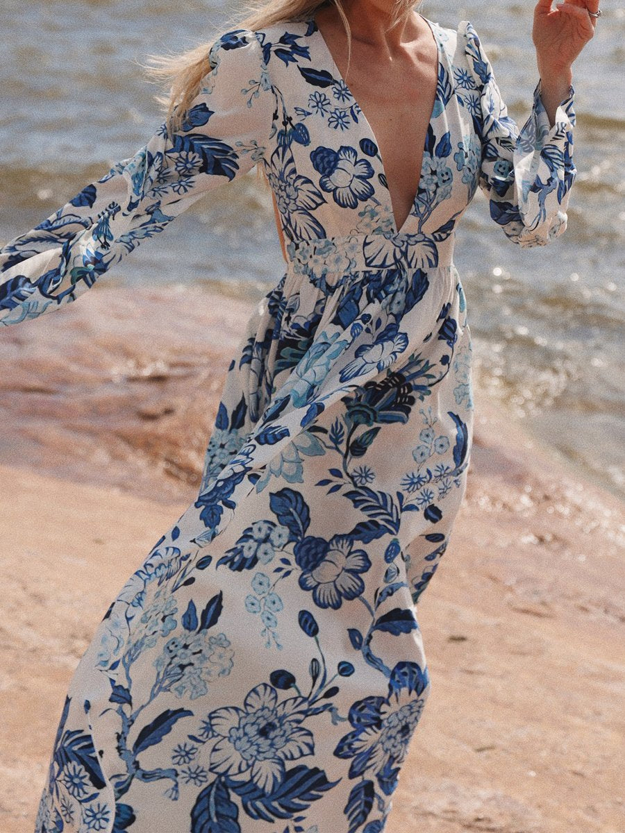 Deep V Neck Backless Printed Beach Dress