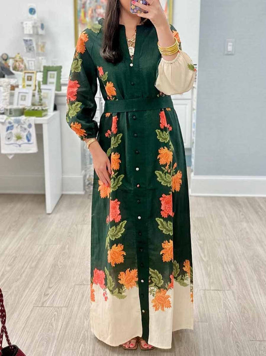 Printed Long Sleeve Lace Up Maxi Dress