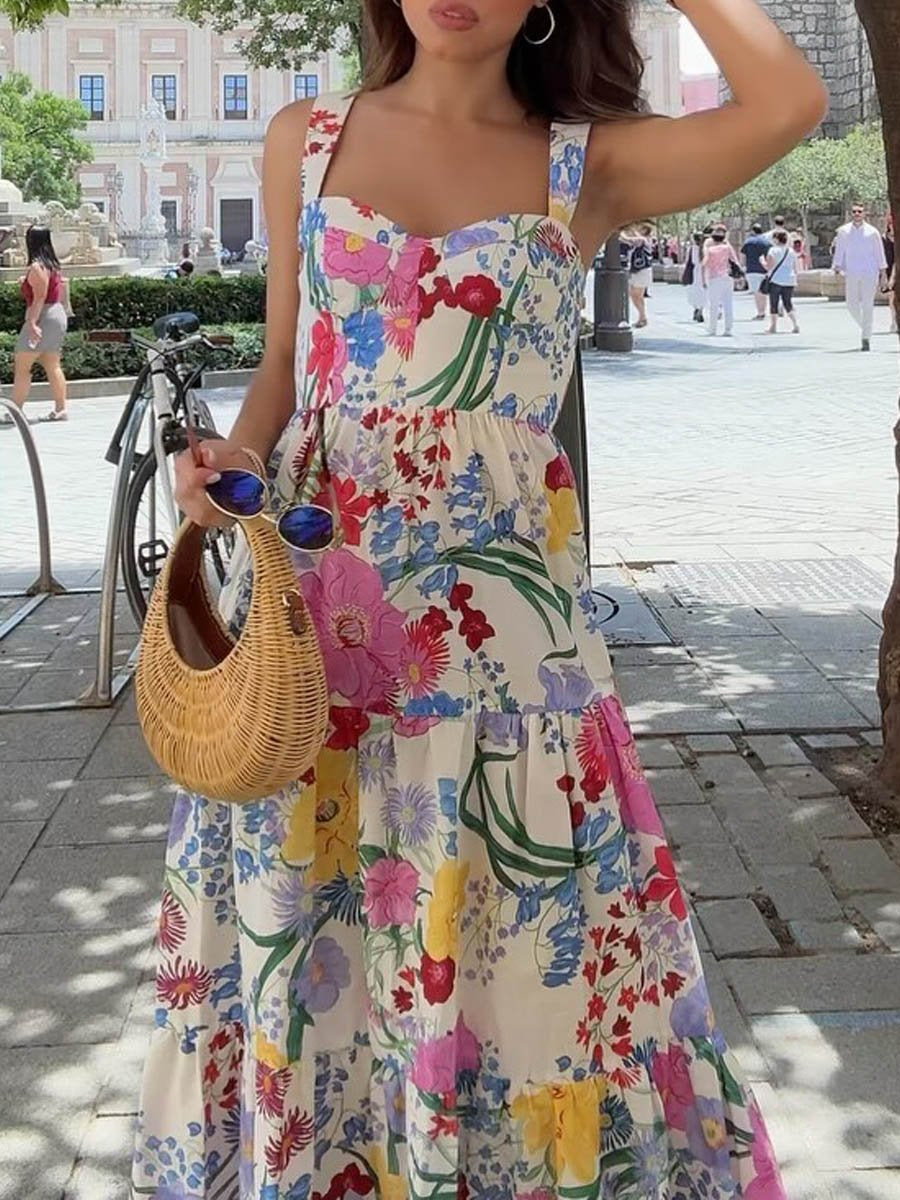 Wide Straps Floral-print Dress