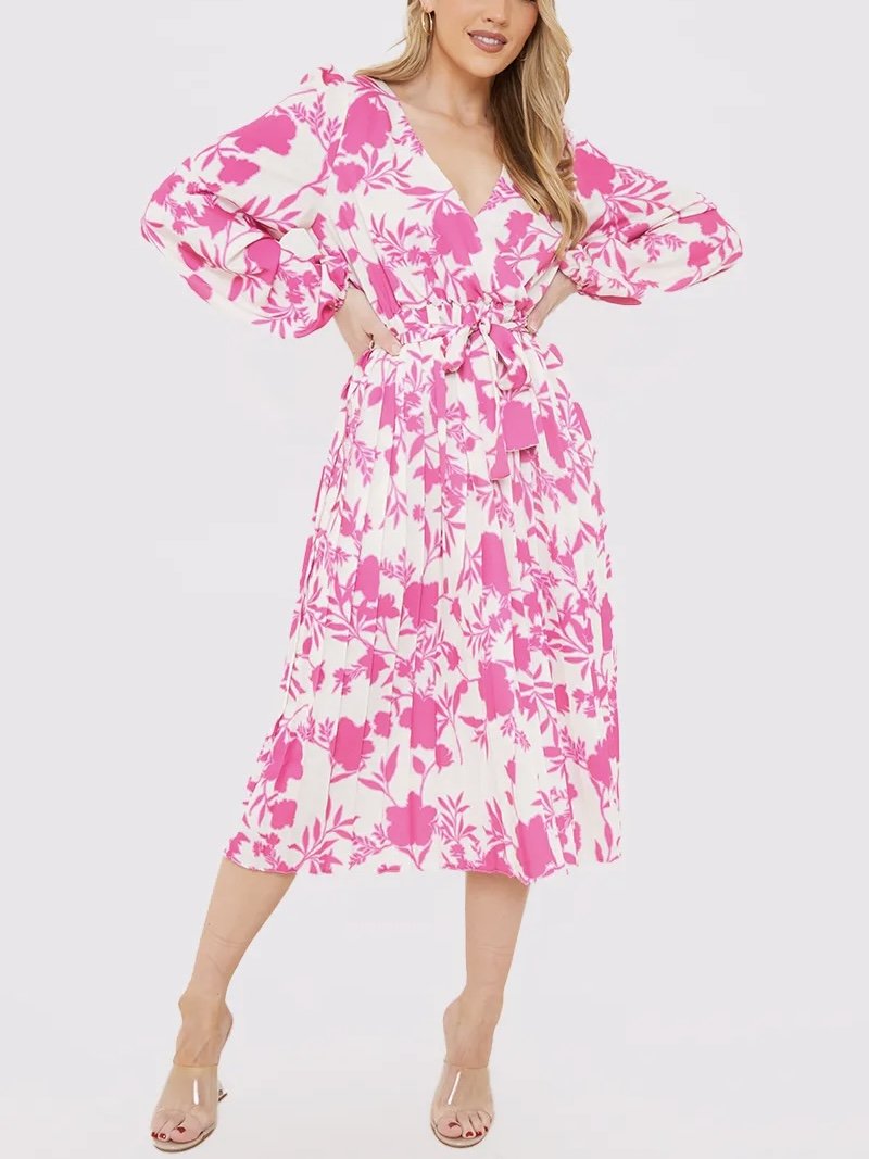 Floral Print Long Sleeve Pleated Midi Dress