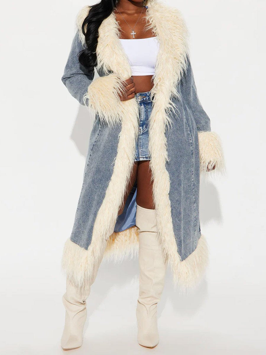 Faux Fur Trim Long Sleeve Denim Coat