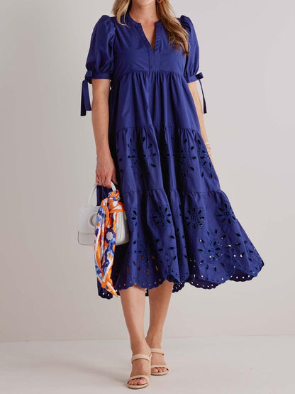 V Neck Puff Sleeve Eyelet Midi Dress