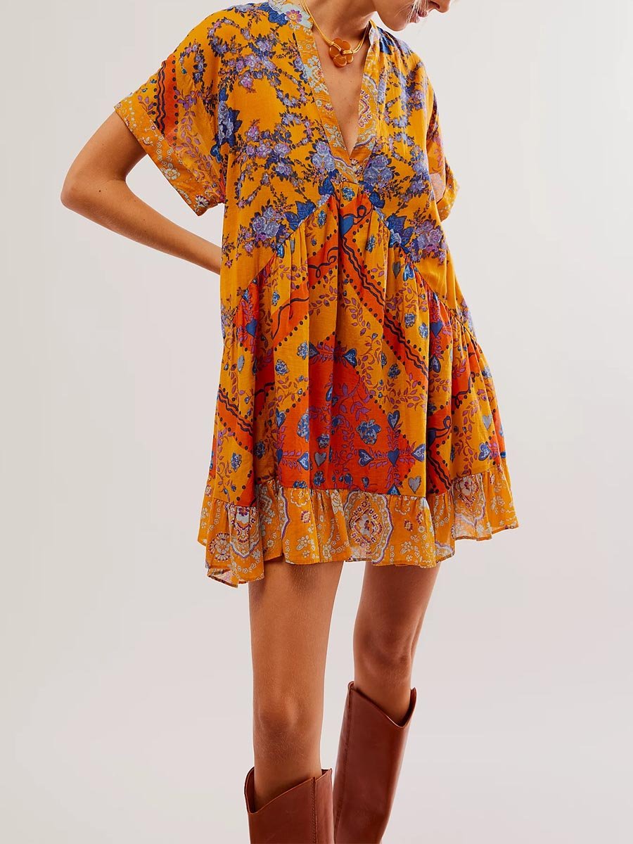 Bohemian Printed Short Sleeve Pocket V Neck Dress