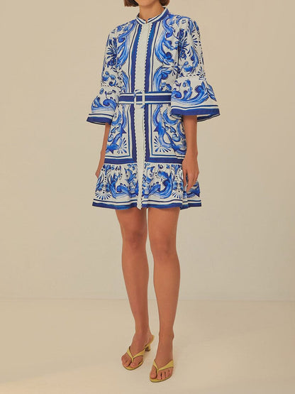 Printed Flare Sleeve Belted Mini Dress