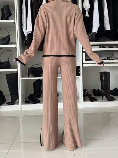 Contrast Split Long Sleeve Knitted Two-piece Set