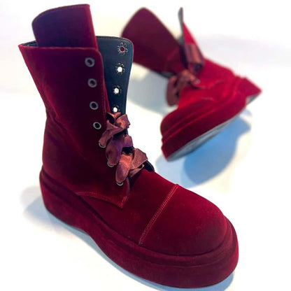 Red Platform High Strap Boots