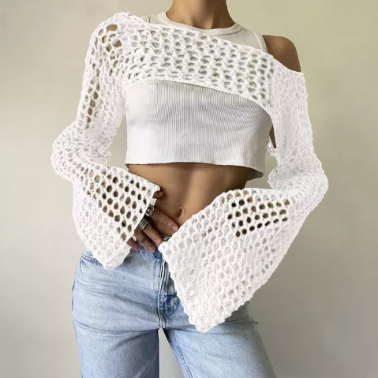 Sexy Hollow Knitted Shirt Solid Color Crewneck Long Sleeve