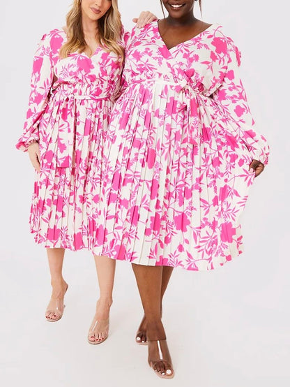 Floral Print Long Sleeve Pleated Midi Dress