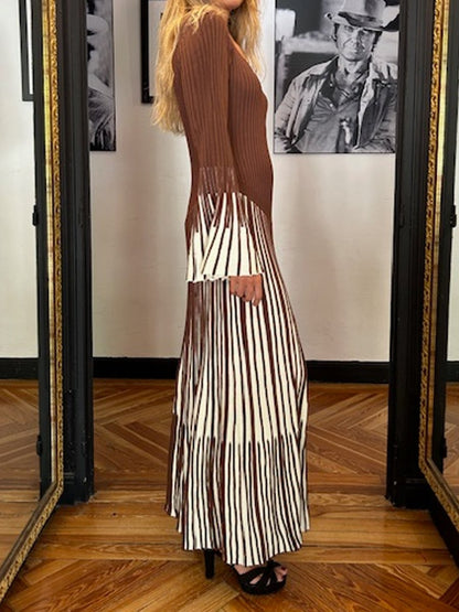 Square Collar Striped Patchwork Maxi Dress