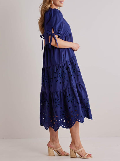 V Neck Puff Sleeve Eyelet Midi Dress