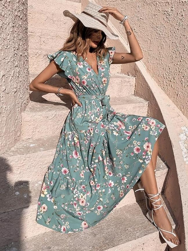 Floral Print Butterfly Sleeve Ruffled Hem Belted Dress