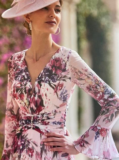 Elegant Printed Peach Blossom Dress