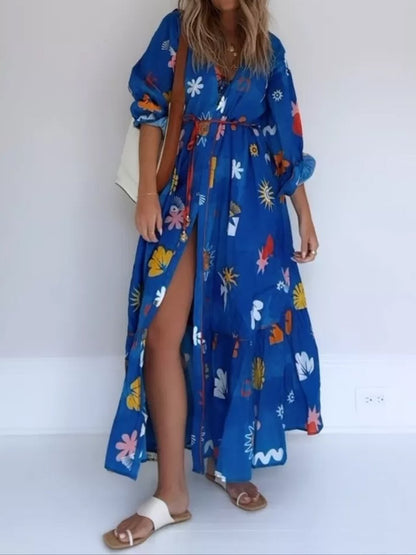 Printed Button Up Long Sleeve Tie Waist Maxi Dress