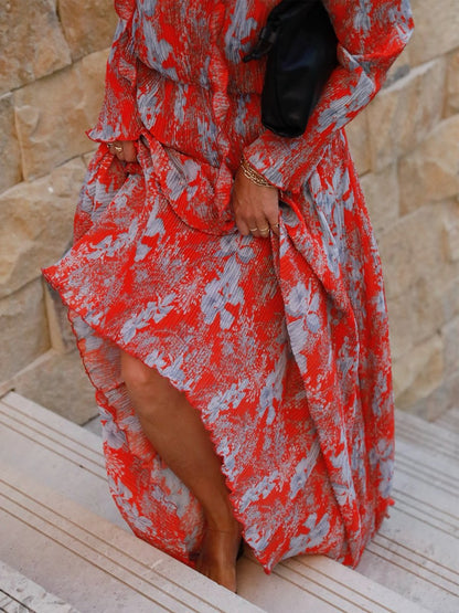 Printed V Neck Ruffled Pleated Maxi Dress