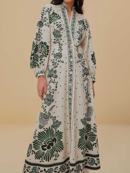 Button Up Printed Long Sleeve Maxi Dress