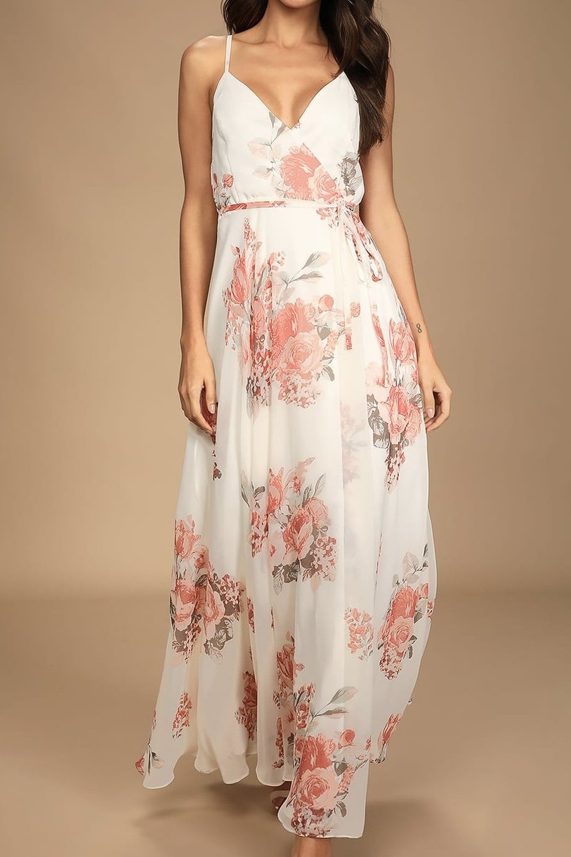 Elegantly Inclined Cream Floral Print Wrap Maxi Dress