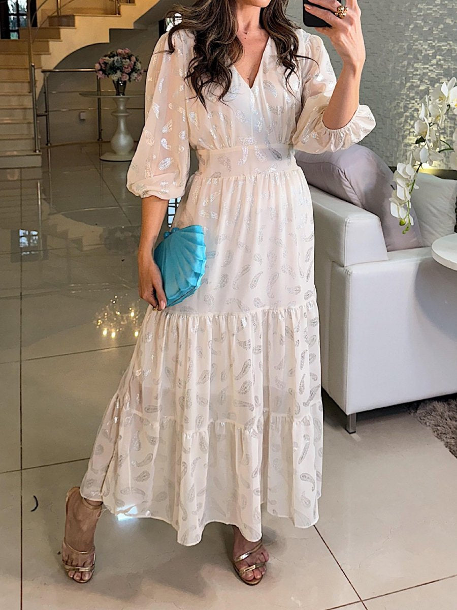 Hot Stamping V Neck Long Sleeve Chiffon Dress