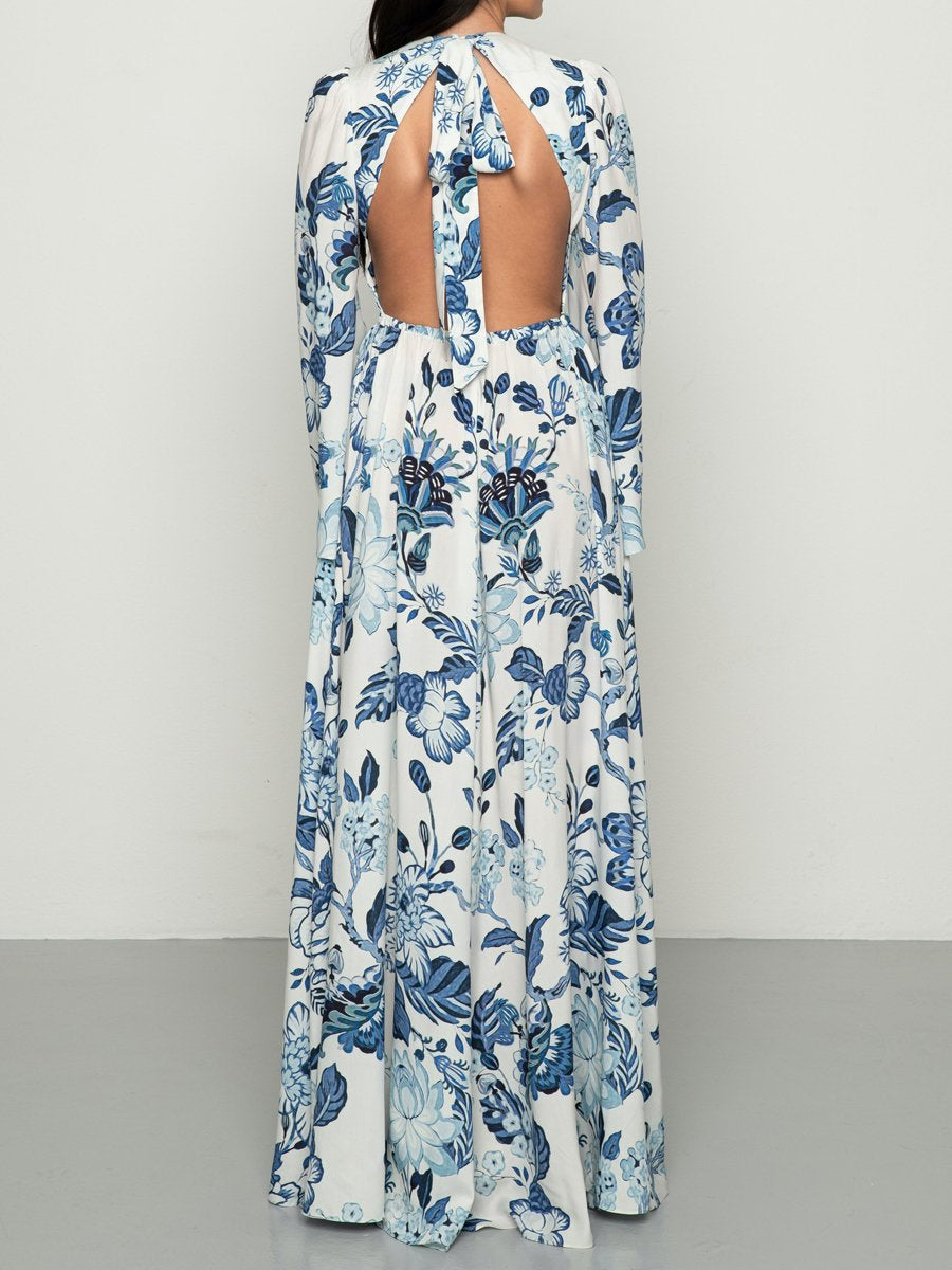 Deep V Neck Backless Printed Beach Dress